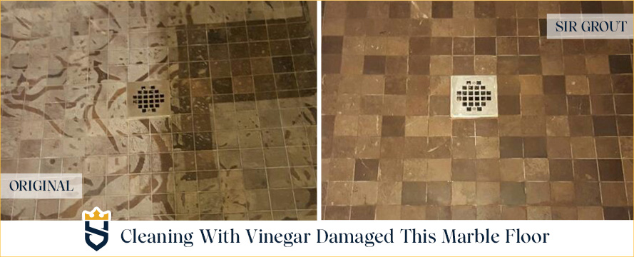 Prior to Sir Grout's Service, Vinegar Damaged This Marble Floor and Now It's Restored Looking New