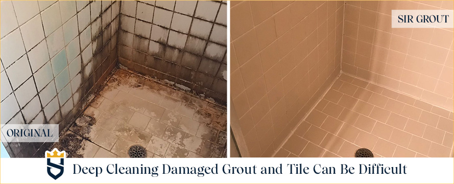 Dirty Bathroom Floor Before and Now Clean After Sir Grout's Tile Cleaning Professionals Guaranteed Optimal Results