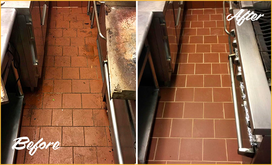 Before and After Picture of a Lake Stevens Restaurant Kitchen Tile and Grout Cleaned to Eliminate Dirt and Grease Build-Up