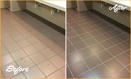 Before and After Picture of a North Lakewood Restrooms Tile and Grout Cleaned to Remove Embedded Dirt