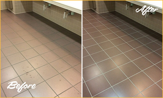 Before and After Picture of a Kenmore Restrooms Tile and Grout Cleaned to Remove Embedded Dirt