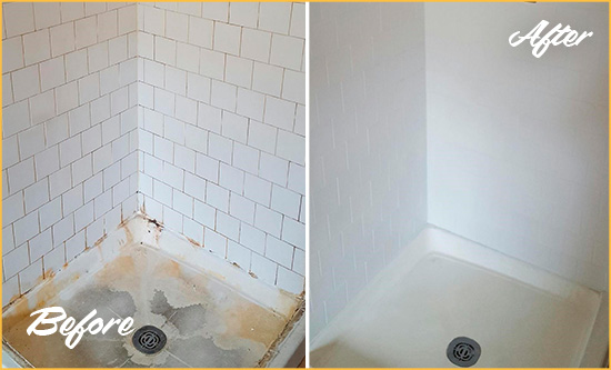 Before and After Picture of a Kenmore Shower Tile and Grout Cleaned to Remove Soap Scum