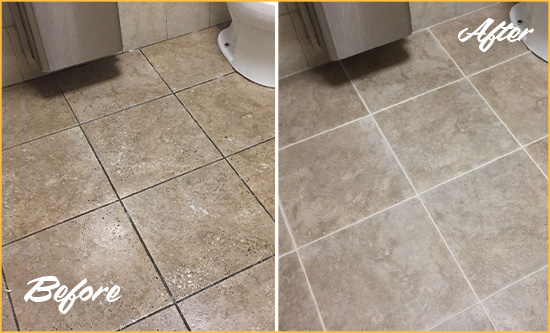 Before and After Picture of a Renton Restroom Tile and Grout Cleaned to Remove Soil