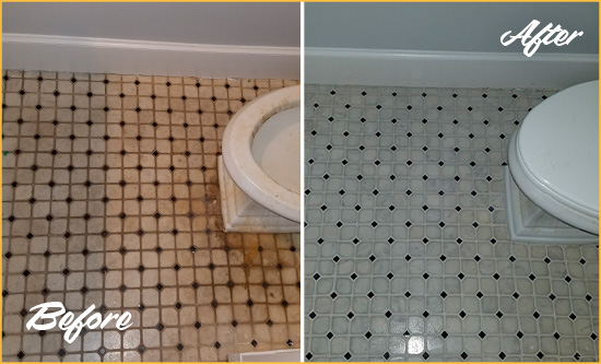 Before and After Picture of a Brier Bathroom Tile and Grout Cleaned to Remove Stains