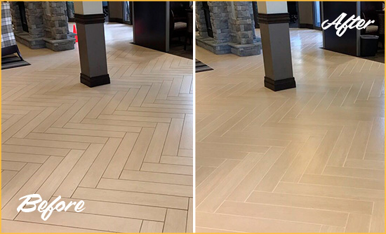 Before and After Picture of a North Lakewood Office Floor Tile and Grout Cleaned to Remove Stains
