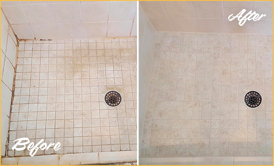 Before and After Picture of a Granite Falls Shower Caulked to Fix Cracks