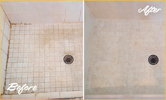 Before and After Picture of a Snohomish Shower Caulked to Fix Cracks