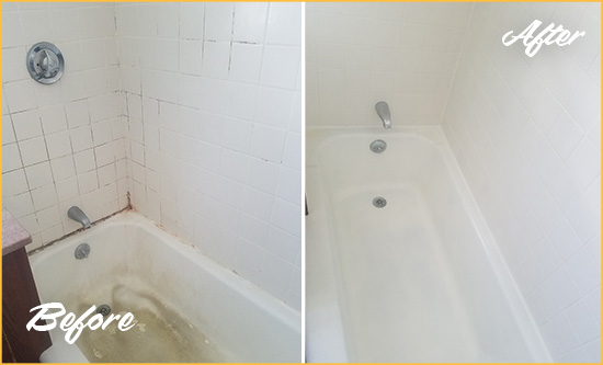 Before and After Picture of a Gold Bar Bathtub Caulked to Repair Cracks