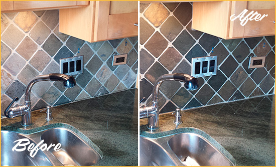 Before and After Picture of a Gold Bar Backsplash Caulked to Fix and Prevent Water Leaks