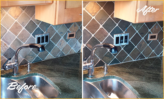 Before and After Picture of a Lake Stevens Backsplash Caulked to Fix and Prevent Water Leaks