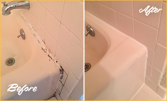 Before and After Picture of a Granite Falls Bathroom Sink Caulked to Fix a DIY Proyect Gone Wrong