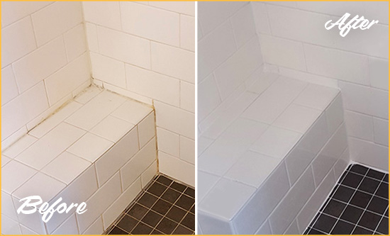 Before and After Picture of a Medina Shower Seat Caulked to Protect Against Mold and Mildew Growth