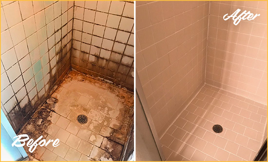 Before and After Picture of a Darrington Shower Caulked to Fix and Prevent Water Damage