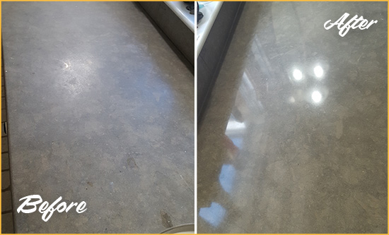 Before and After Picture of a Dull Stanwood Limestone Countertop Polished to Recover Its Color