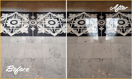 Before and After Picture of a Darrington Marble Stone Floor Polished to a Mirror Shine