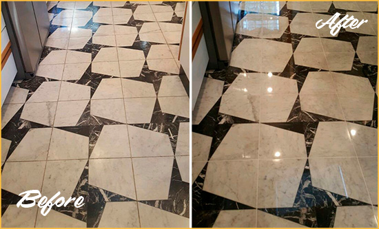 Before and After Picture of a Dull Brier Marble Stone Floor Polished To Recover Its Luster