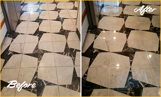 Before and After Picture of a Dull Redmond Marble Stone Floor Polished To Recover Its Luster