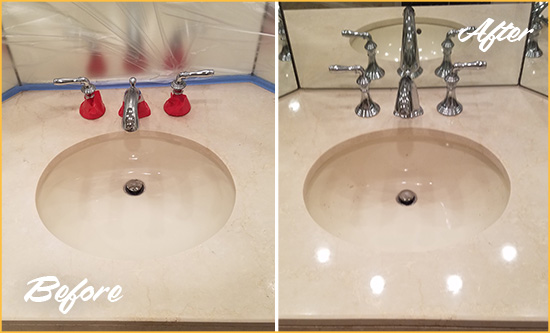 Before and After Picture of a Dull Woodinville Marble Stone Vanity Top Polished to Bring-Back Its Sheen