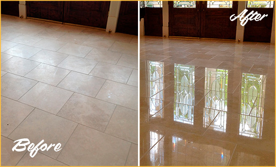 Before and After Picture of a Dull Kenmore Travertine Stone Floor Polished to Recover Its Gloss