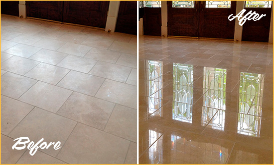 Before and After Picture of a Dull Medina Travertine Stone Floor Polished to Recover Its Gloss