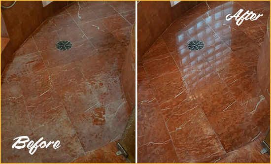 Before and After Picture of a Medina Marble Stone Shower Polished to Eliminate Mineral Deposits