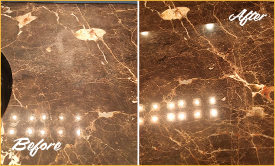Before and After Picture of a Startup Marble Stone Countertop Polished to Eliminate Stains