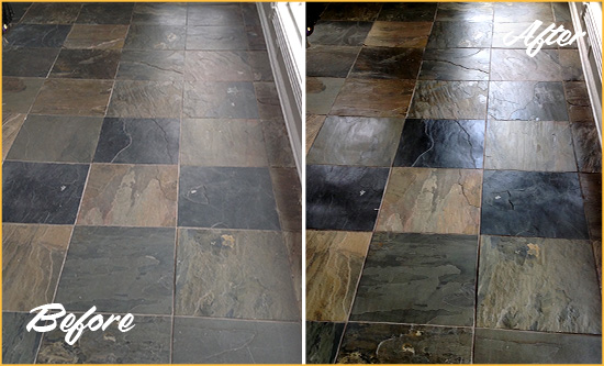 Before and After Picture of a Dull Woodinville Slate Floor Sealed to Bring Back Its Colors