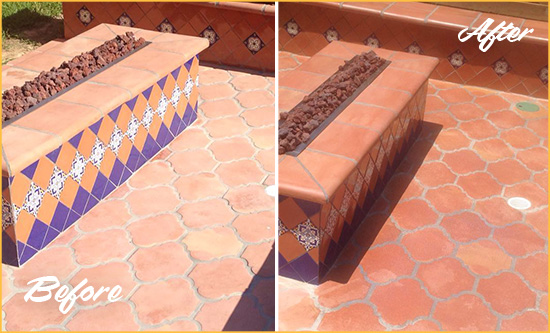 Before and After Picture of a Dull Kirkland Terracotta Patio Floor Sealed For UV Protection