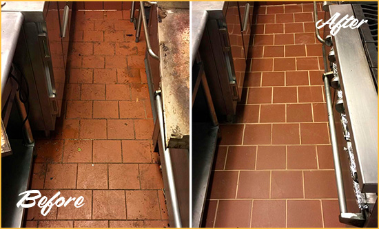 Before and After Picture of a Mill Creek Restaurant Kitchen Floor Sealed to Remove Soil