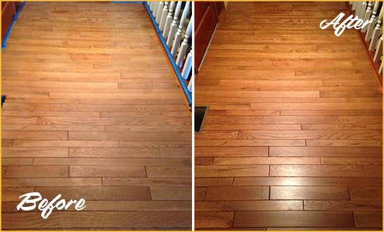 Before and After Picture of a Startup Wood Deep Cleaning Service on a Dull Hallway