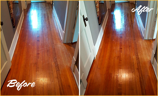 Before and After Picture of a Kirkland Wood Deep Cleaning Service on a Floor to Eliminate Scratches