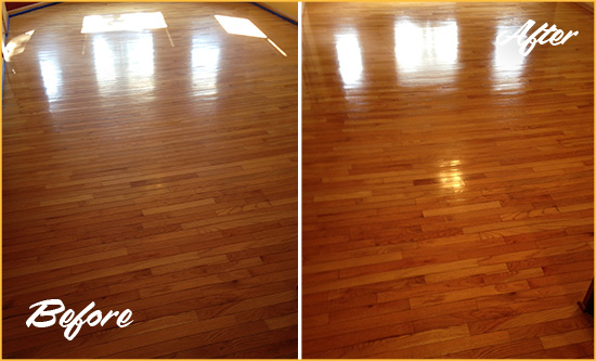Before and After Picture of a Kenmore Wood Deep Cleaning Service on a Room Floor to Remove Scratches