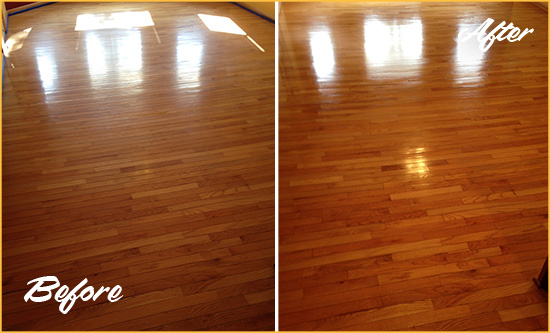 Before and After Picture of a Gold Bar Wood Deep Cleaning Service on a Room Floor to Remove Scratches