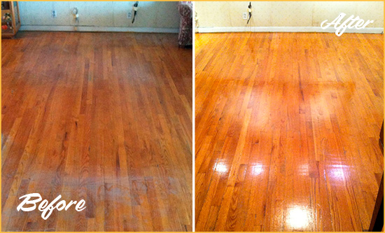 Before and After Picture of a Seattle Wood Deep Cleaning Service on a Stained Floor