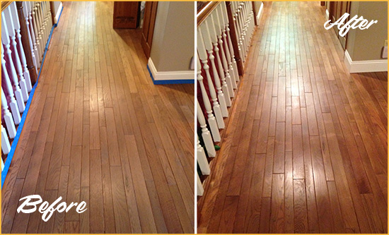 Before and After Picture of a Monroe Wood Deep Cleaning Service on a Worn Out Floor