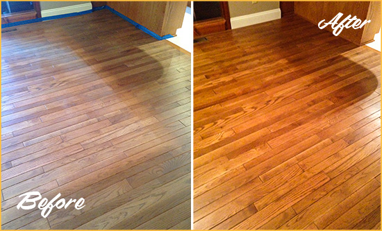 Before and After Picture of a Kenmore Wood Sand Free Refinishing Service on a Dull Floor to Recover Its Sheen