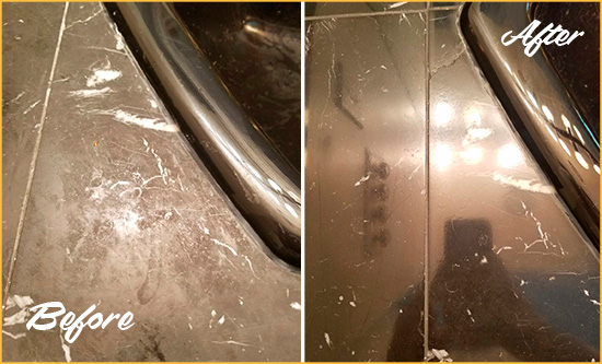 Before and After Picture of a Marysville Marble Countertop Cleaned to Remove Deep Dirt