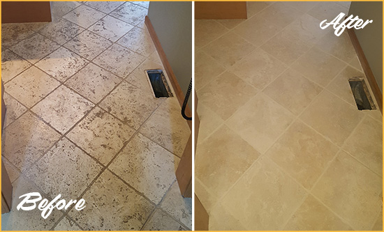 Before and After Picture of a Lynnwood Kitchen Marble Floor Cleaned to Remove Embedded Dirt