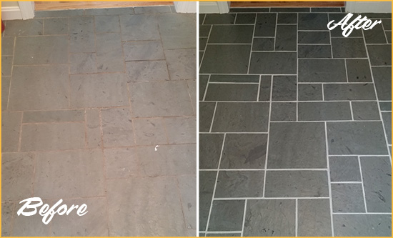 Before and After Picture of a Everett Slate Floor Cleaned to Remove Deep-Seated Dirt