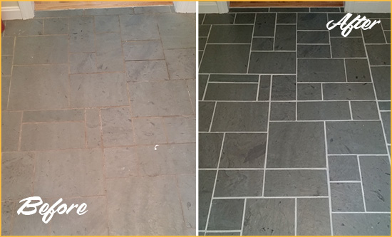 Before and After Picture of a Marysville Slate Floor Cleaned to Remove Deep-Seated Dirt