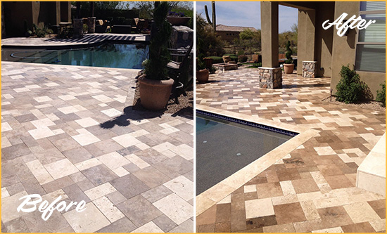 Before and After Picture of a Dull Mill Creek Travertine Pool Deck Cleaned to Recover Its Original Colors
