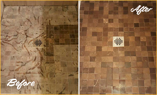 Before and After Picture of a Stained Hobart Marble Shower Floor Cleaned to Remove Etching
