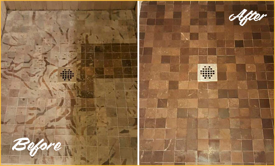 Before and After Picture of a Stained Lynnwood Marble Shower Floor Cleaned to Remove Etching