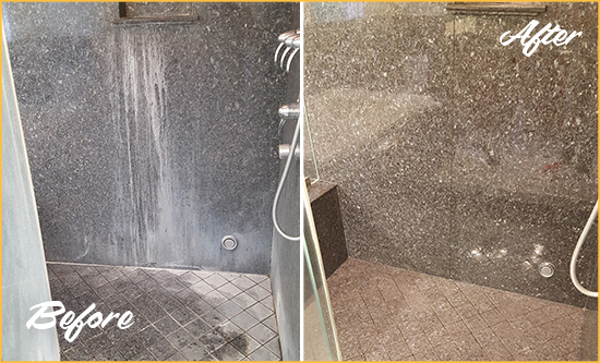 Before and After Picture of a Index Granite Shower Cleaned to Remove Mineral Deposits