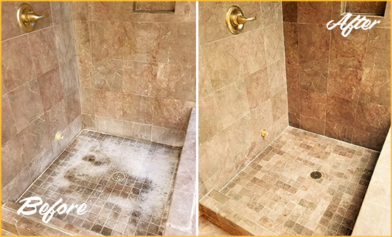 Before and After Picture of a Marysville Travertine Shower Cleaned to Eliminate Water Spots