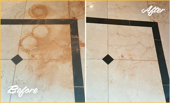 Before and After Picture of a Snohomish Marble Floor Cleaned to Eliminate Rust Stains