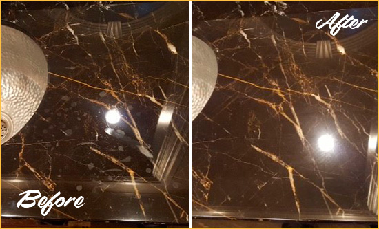 Before and After Picture of a Gold Bar Marble Countertop Cleaned to Remove Water Spots