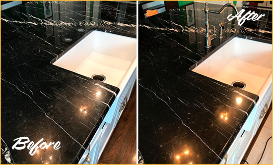 Before and After Picture of a Mountlake Terrace Marble Kitchen Countertop Stone Sealed to Avoid Water Damage