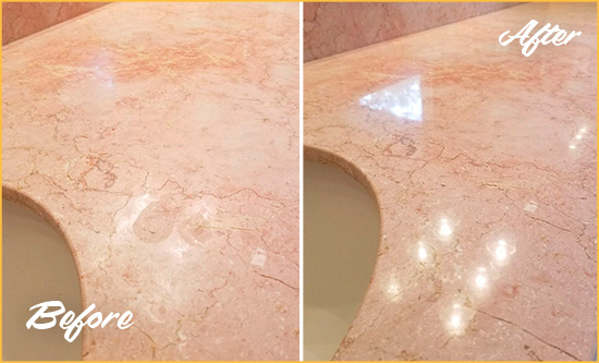 Before and After Picture of a Seattle Marble Stone Vanity Top Sealed to Avoid Water Marks