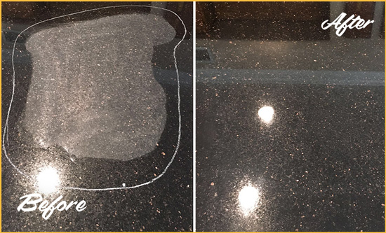 Before and After Picture of a Monroe Granite Kitchen Countertop Honed to Eliminate Scratch